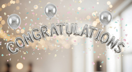 Silver foil balloons spelling out "CONGRATULATIONS" arch over a background of soft, glowing bokeh lights.の素材