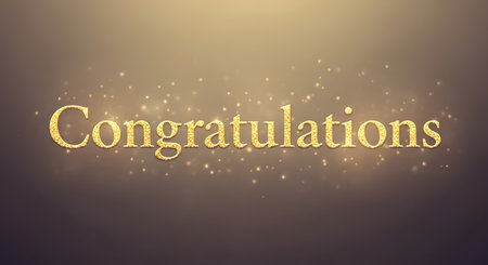 The word Congratulations in elegant gold lettering against a dark, textured background with shimmering golden particles.の素材