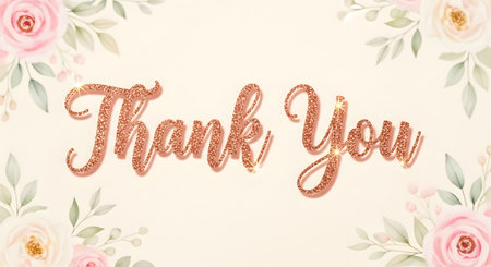 A beautiful thank you card featuring rose gold glitter text surrounded by soft pink roses and delicate foliage on a cream background.の素材