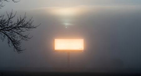 A hazy sunrise breaks through the mist, illuminating a silhouetted tree branch on the left.の素材