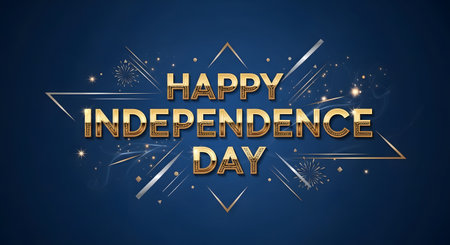 A celebratory graphic featuring bold golden text that reads "Happy Independence Day" against a dark blue background with abstract starburst and confetti elements.の素材