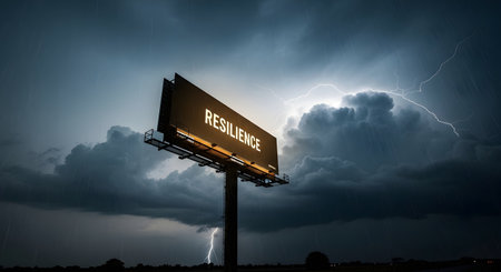 A solitary, lit billboard glows against a dark, stormy sky with lightning strikes visible in the distance.の素材