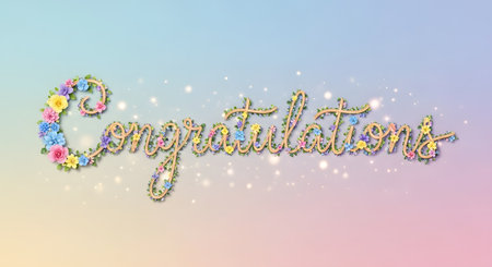 The word Congratulations is written in a decorative font, adorned with colorful flowers and shimmering glitter against a soft gradient background.の素材