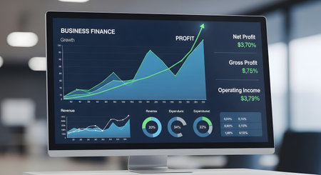 A computer screen shows a complex financial dashboard with various charts, graphs, and numerical data, indicating analysis and performance tracking.の素材