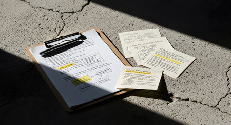 A clipboard holds a document with handwritten notes and yellow highlights. Two small receipts are placed nearby, all resting on a textured concrete surface.の素材