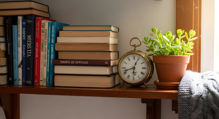 A collection of books, a vintage clock, and a small potted plant sit on a wooden shelf near a sunlit window.の素材