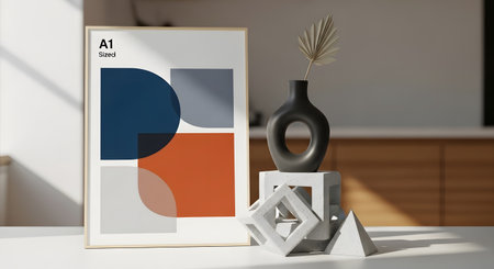 A framed abstract art print featuring geometric shapes in blue, grey, and orange, displayed with a dark vase and sunlight casting shadows.の素材