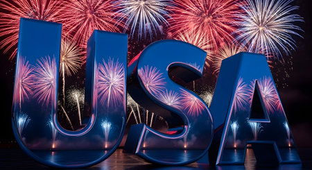 Large, reflective letters spelling 'USA' stand prominently in the foreground, with a dazzling explosion of fireworks illuminating the night sky behind them.の素材