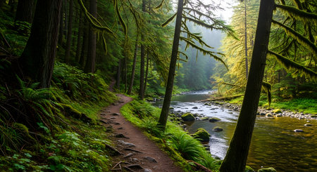 A winding dirt path leads through a lush, green forest next to a clear, flowing river with sunlight filtering through the trees.の素材