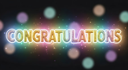 A vibrant neon sign spelling out 'CONGRATULATIONS' with a dazzling glitter effect, set against a dark background with soft, colorful bokeh lights.の素材