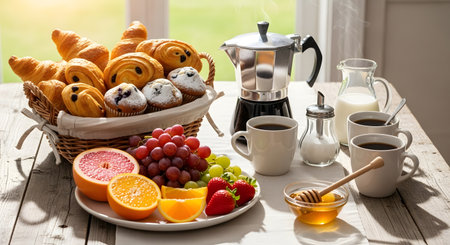 A delightful morning meal featuring a basket of assorted pastries, fresh fruit, steaming coffee, and a small bowl of golden honey.の素材
