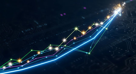 A bright blue line charts an upward trend against a dark, starry background with illuminated data points.の素材