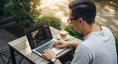 A man with glasses works on a laptop at a wooden table outdoors, with a coffee in the background.の素材