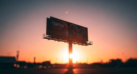 A large billboard stands tall against a warm, glowing sunset, casting a dramatic silhouette. The sky is filled with orange and pink hues.の素材