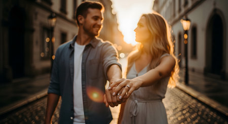 A happy couple walks hand in hand through a sun-drenched European street during golden hour, their faces illuminated by warm light.の素材
