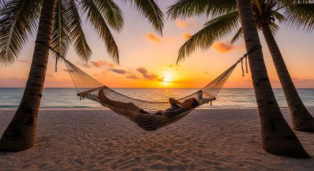 A person rests in a hammock strung between two palm trees on a sandy beach as the sun sets over the ocean.の素材