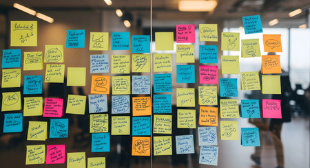 A large collection of colorful sticky notes with handwritten text are organized on a transparent glass surface, suggesting a collaborative brainstorming session.の素材
