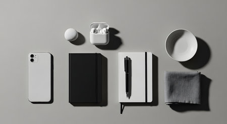 A collection of modern everyday items including a smartphone, notebooks, pen, egg, milk, and textured fabric arranged on a gray surface.の素材