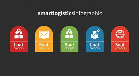 A dark background displays five colorful, arched infographic elements, each with an icon and text related to logistics.の素材