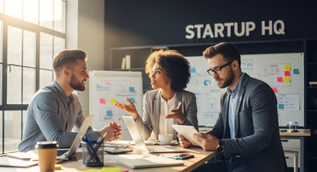 Three professionals in a bright office discuss plans around a table with documents and a tablet, with 'STARTUP HQ' visible.の素材