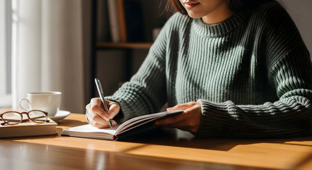 A woman in a cozy sweater writes in a notebook on a wooden desk, bathed in natural light from a window. A coffee cup and glasses are nearby.の素材