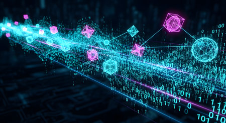 A vibrant, abstract visualization of a digital network with glowing binary code and interconnected geometric data nodes.の素材