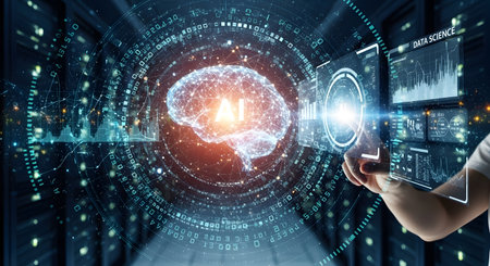 A person interacts with a glowing digital brain surrounded by complex data streams and futuristic interfaces.の素材