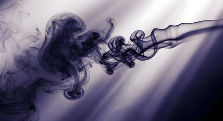 Dark, wispy smoke or ink swirls and dances against a backdrop of dramatic, ethereal light rays.の素材