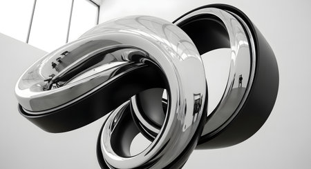 A close-up, black and white image of a polished, abstract metal sculpture with complex, intertwined shapes.の素材