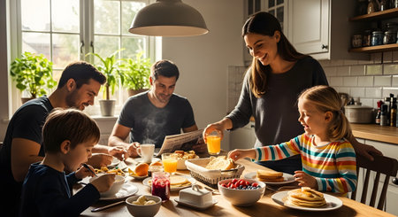 A multi-generational family shares a warm and happy breakfast meal, with food spread across the table and sunlight streaming in.の素材
