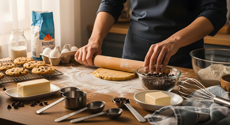 A person in an apron rolls out dough on a floured surface, with cookies, butter, eggs, and baking tools scattered around.の素材