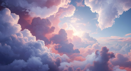 A celestial scene of fluffy clouds in soft pink and purple hues, bathed in warm, ethereal sunlight.の素材