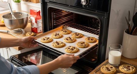 A person is carefully placing a tray of freshly made cookies into a preheated oven to bake.の素材