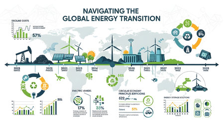 An infographic visualizing the global energy transition, showcasing renewable energy sources alongside fossil fuels and key statistics.の素材