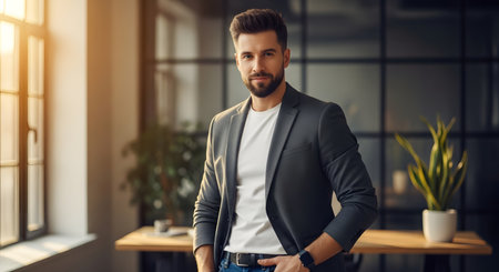 A stylish man with a beard stands confidently in a modern office, illuminated by warm sunlight streaming through a large window.の素材