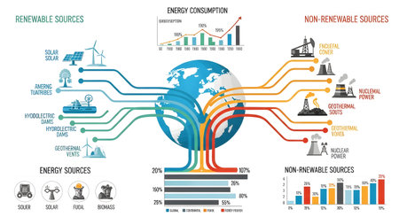An infographic illustrating global energy sources, industrial consumption, and renewable energy, connected to a central earth graphic.の素材