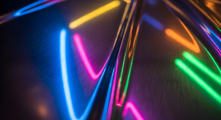 Vibrant neon lights in blue, pink, green, and orange create an abstract, energetic pattern on a reflective, metallic surface.の素材