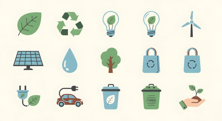 A vibrant set of hand-drawn illustrations depicting various environmental and sustainability concepts like recycling, renewable energy, and nature.の素材