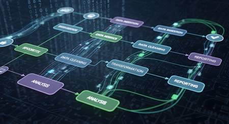A complex, interconnected digital network visualized with glowing nodes and flowing lines, representing data or process flow in a futuristic style.の素材