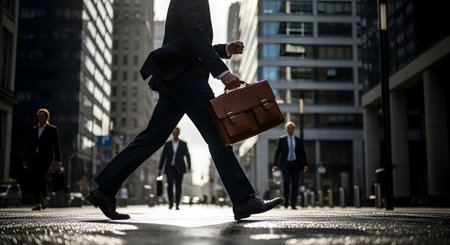 A lone figure in silhouette strides purposefully down a city street, carrying a briefcase, with sunlight casting long shadows.の素材