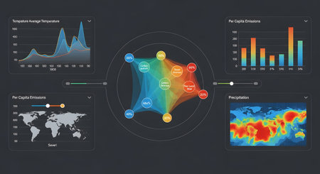 A central abstract visualization is surrounded by various charts and maps displaying data, suggesting global analysis and trends.の素材