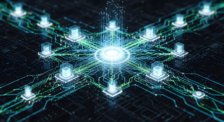 A vibrant, abstract digital network illustration featuring a bright central core radiating energy outwards through interconnected nodes and pathways.の素材