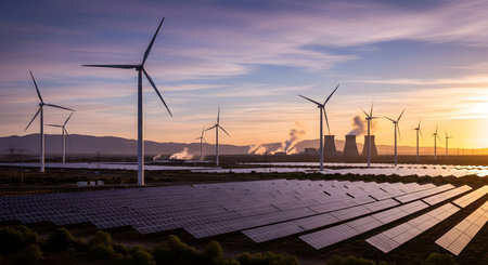 A breathtaking sunrise illuminates a vast renewable energy landscape featuring wind turbines and solar panels, with a distant industrial complex emitting steam.の素材