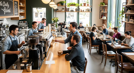 A lively coffee shop scene with baristas serving customers at the counter and patrons enjoying drinks at tables.の素材