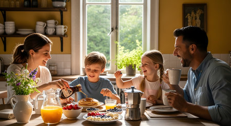 A happy family shares a meal at a kitchen table bathed in sunlight. Pancakes, fruit, and juice are on the table.の素材