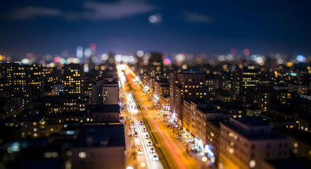 An out-of-focus, high-angle shot captures a vibrant city street at night, illuminated by numerous lights and car headlights.の素材