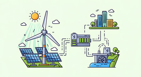 Illustration showing solar panels and a wind turbine connected to a city skyline and residential buildings, representing sustainable energy distribution.の素材