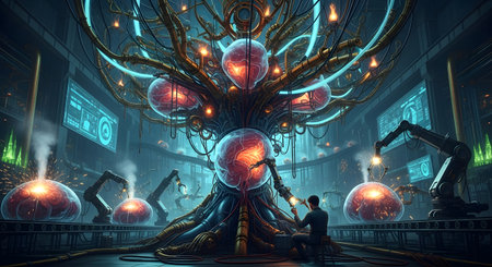 A lone scientist observes a massive, intricate futuristic machine with glowing orbs and complex wiring in a dimly lit laboratory.の素材