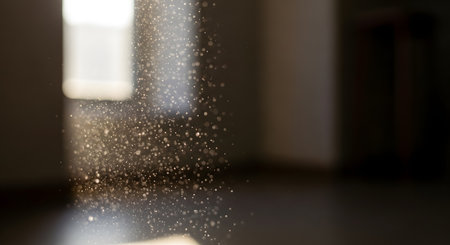 Tiny golden particles are suspended and falling, illuminated by a bright shaft of light against a dark background.の素材