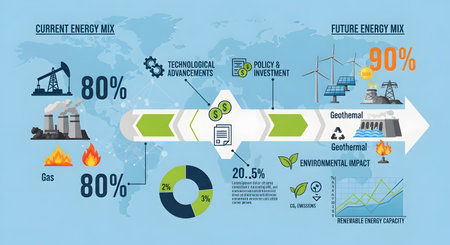 Infographic illustrating global energy sources, highlighting the significant role of fossil fuels and the growing importance of renewable energy.の素材
